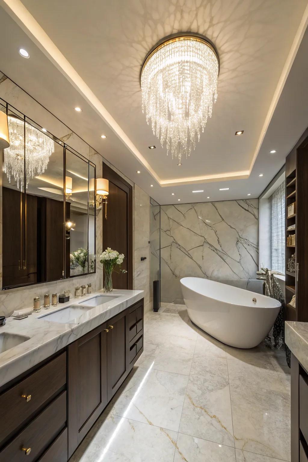 A luxurious bathroom enhanced by a modern hanging light and recessed lighting.