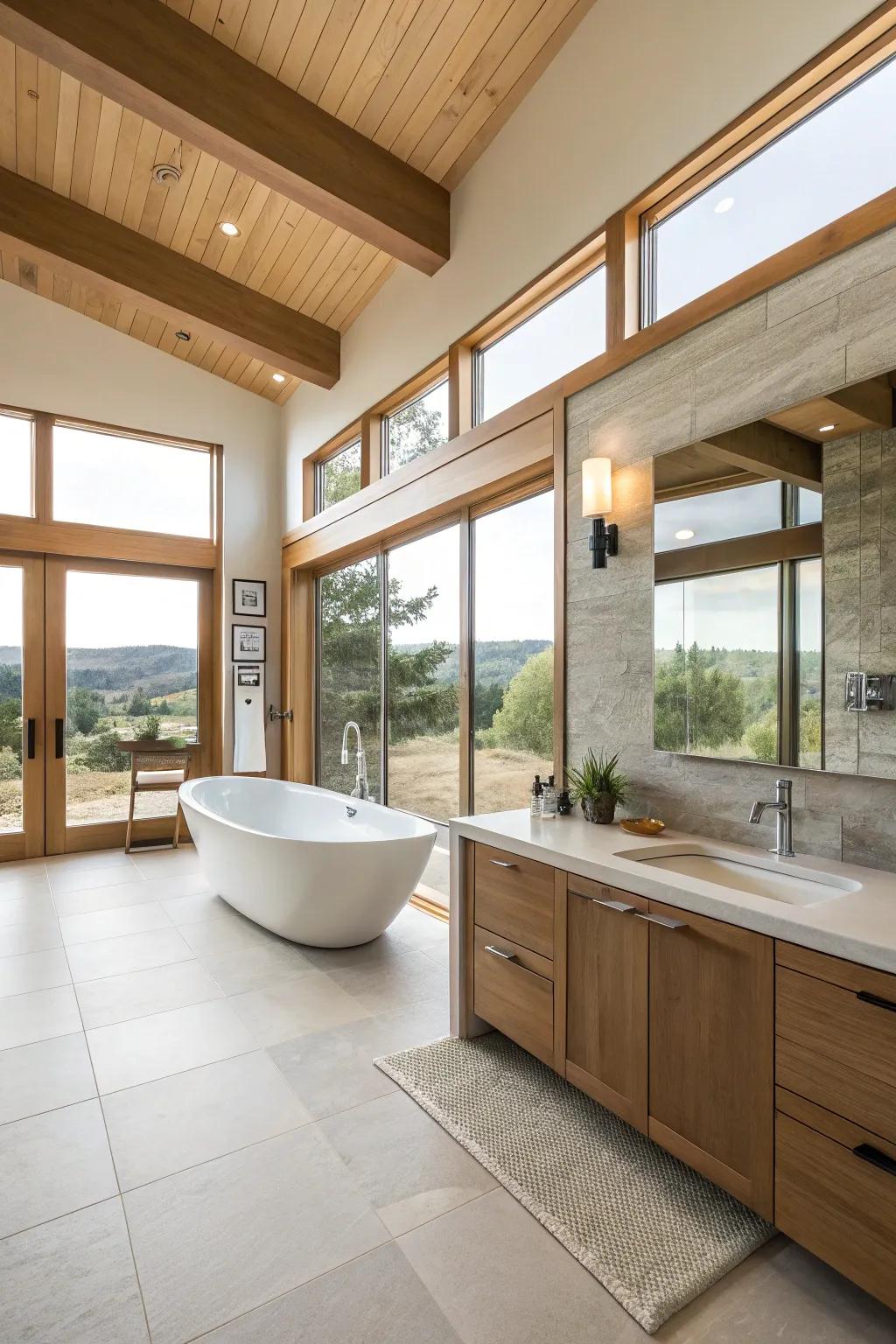 A spacious modern master bathroom featuring minimalist design to amplify movement and relaxation.