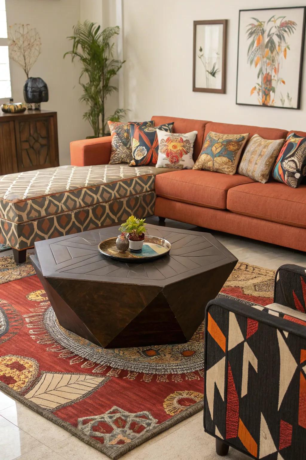 A uniquely shaped center table becomes the centerpiece of a creative living room.