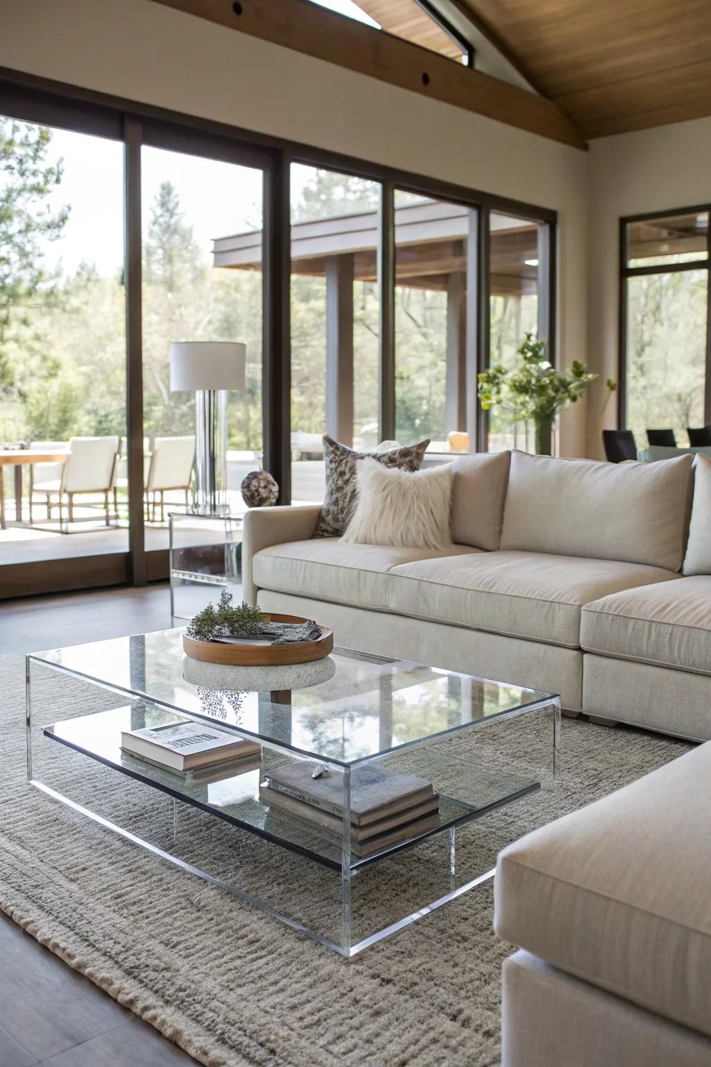 An acrylic center table adds transparency and openness to a modern living space.