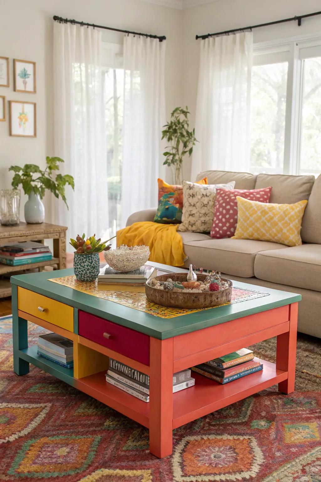 A vibrant center table injects vibrancy and personality into a living room.