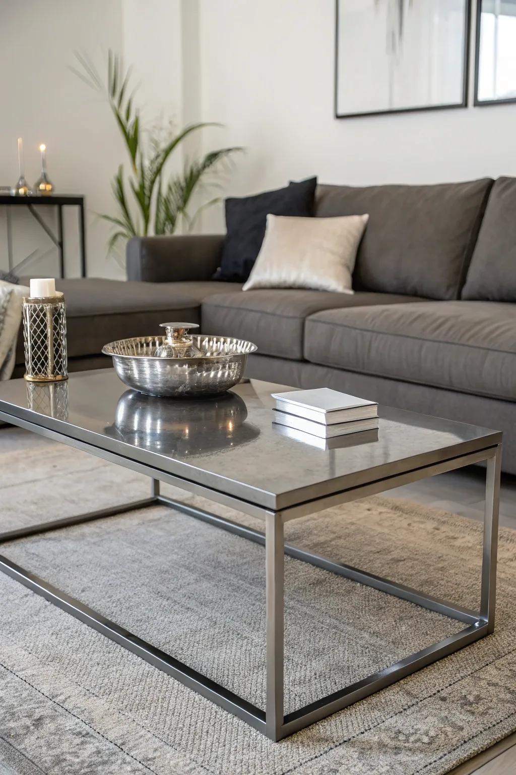 A metal center table adds a modern touch, perfectly complementing a minimalist sectional.