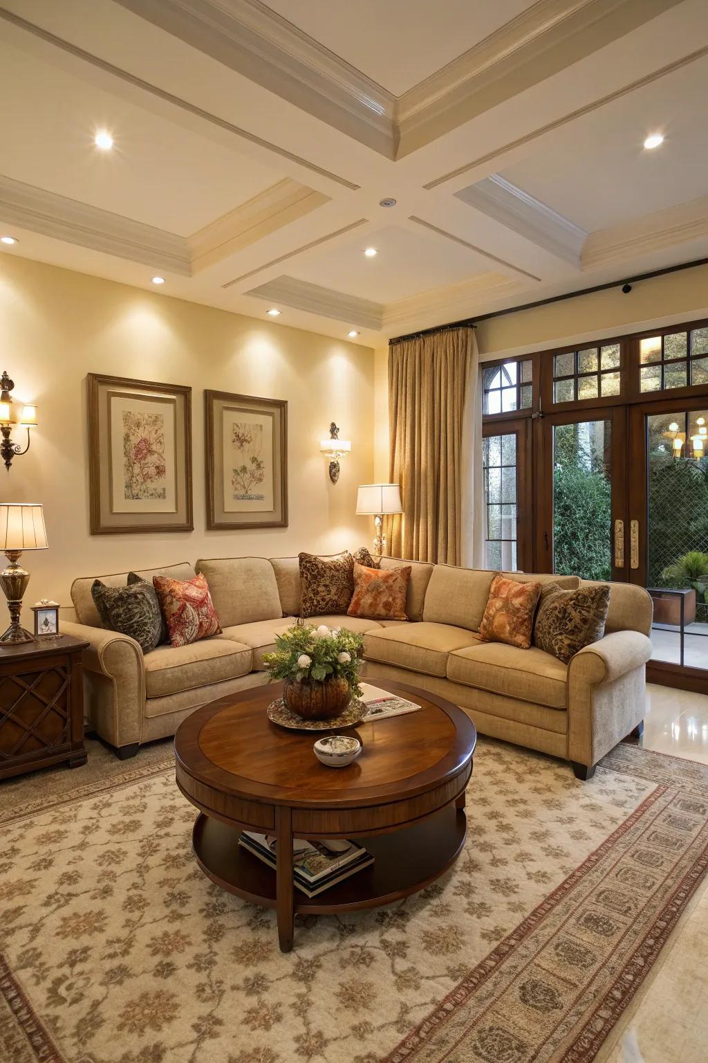 An elliptical center table brings elegance and functionality to a sectional setup.