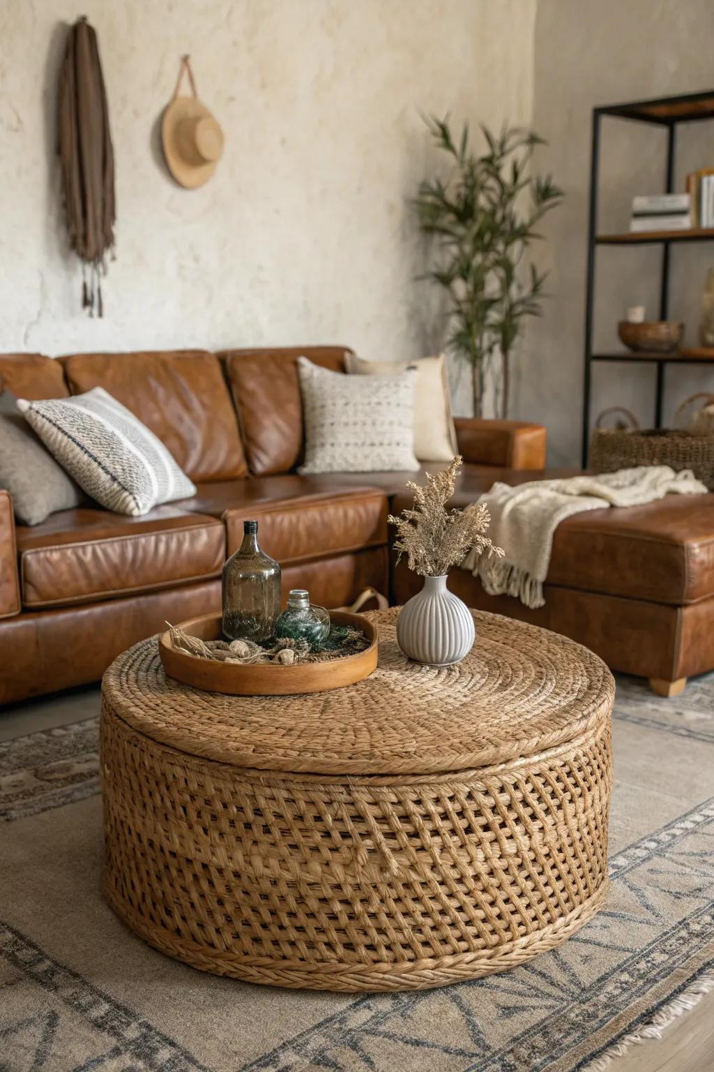 A woven center table adds texture and warmth to a sleek leather sectional.