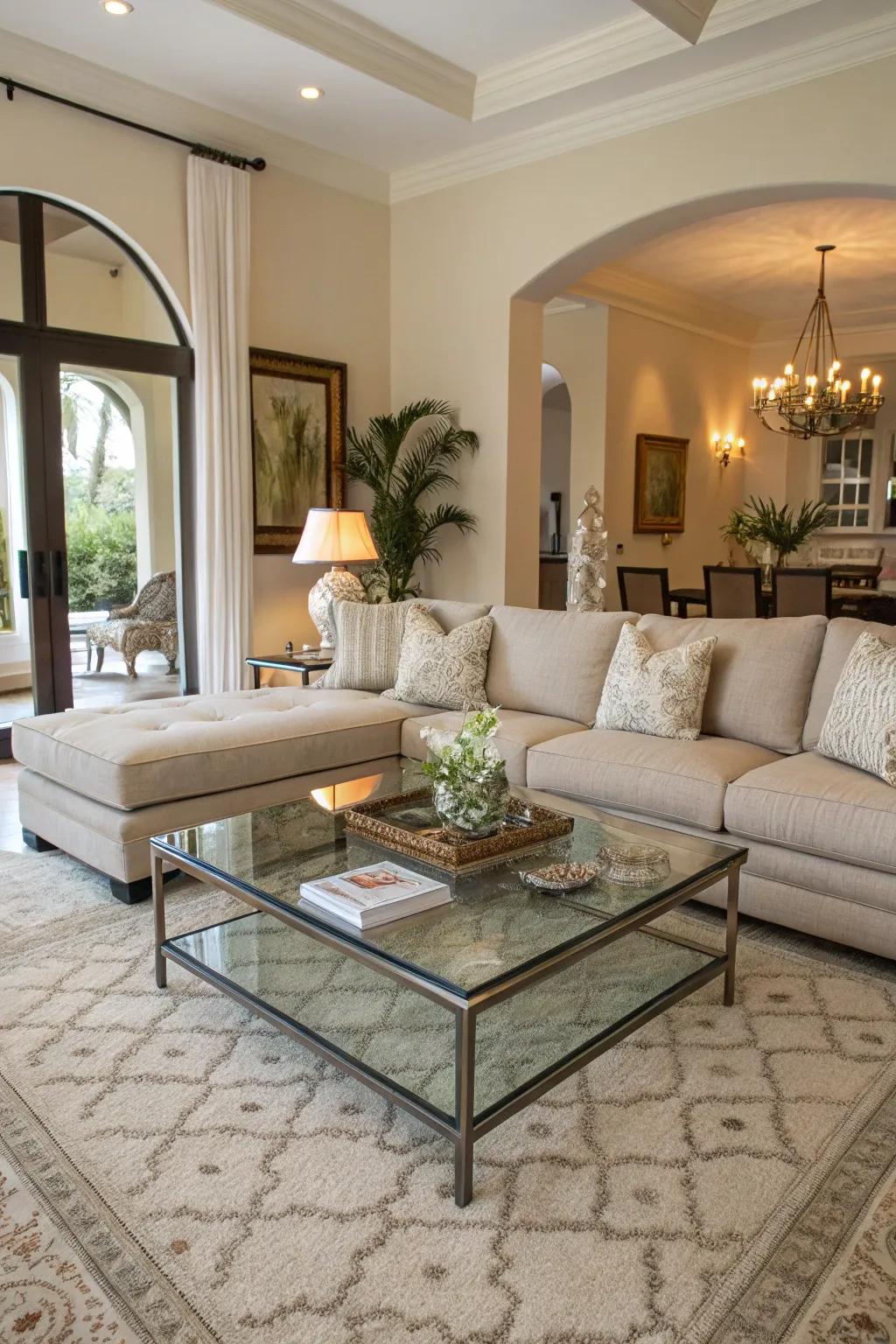 A glass center table brightens the space, beautifully complementing the sectional.