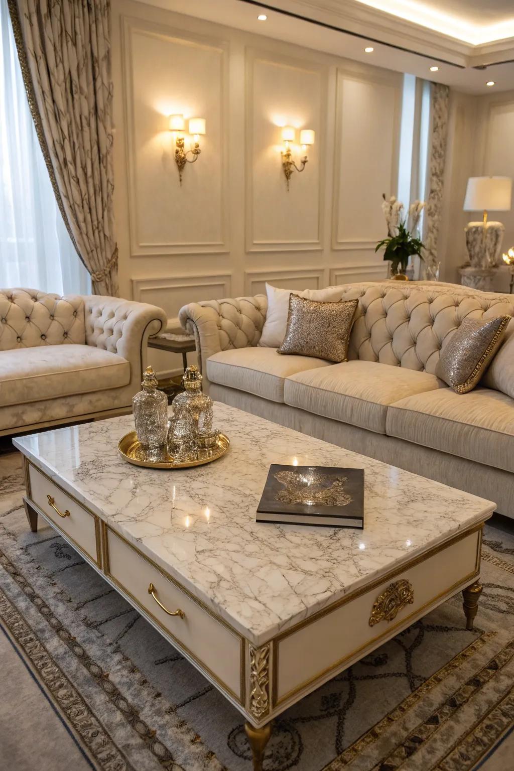 A marble center table brings luxury and sophistication to a living room.