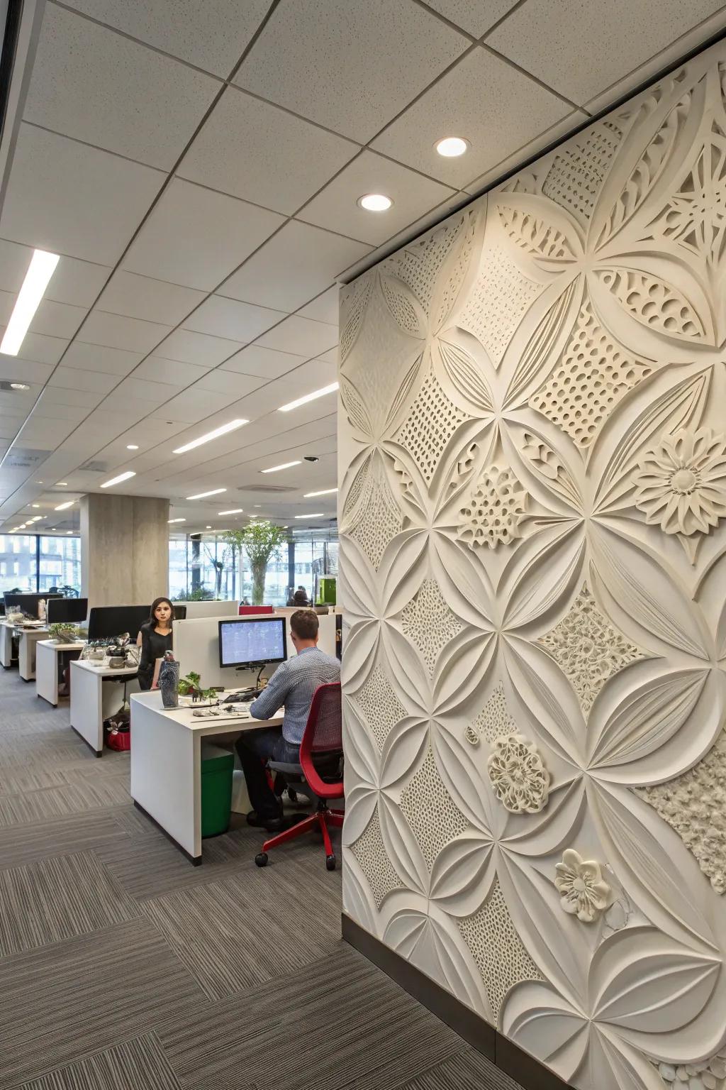 An office showcasing 3D carved wall boards.