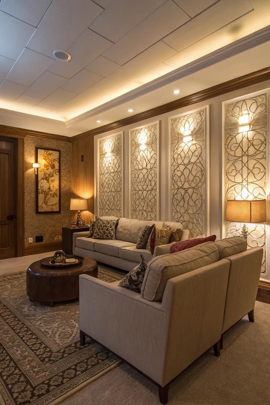 A lounge area featuring panel walls and integrated lighting.