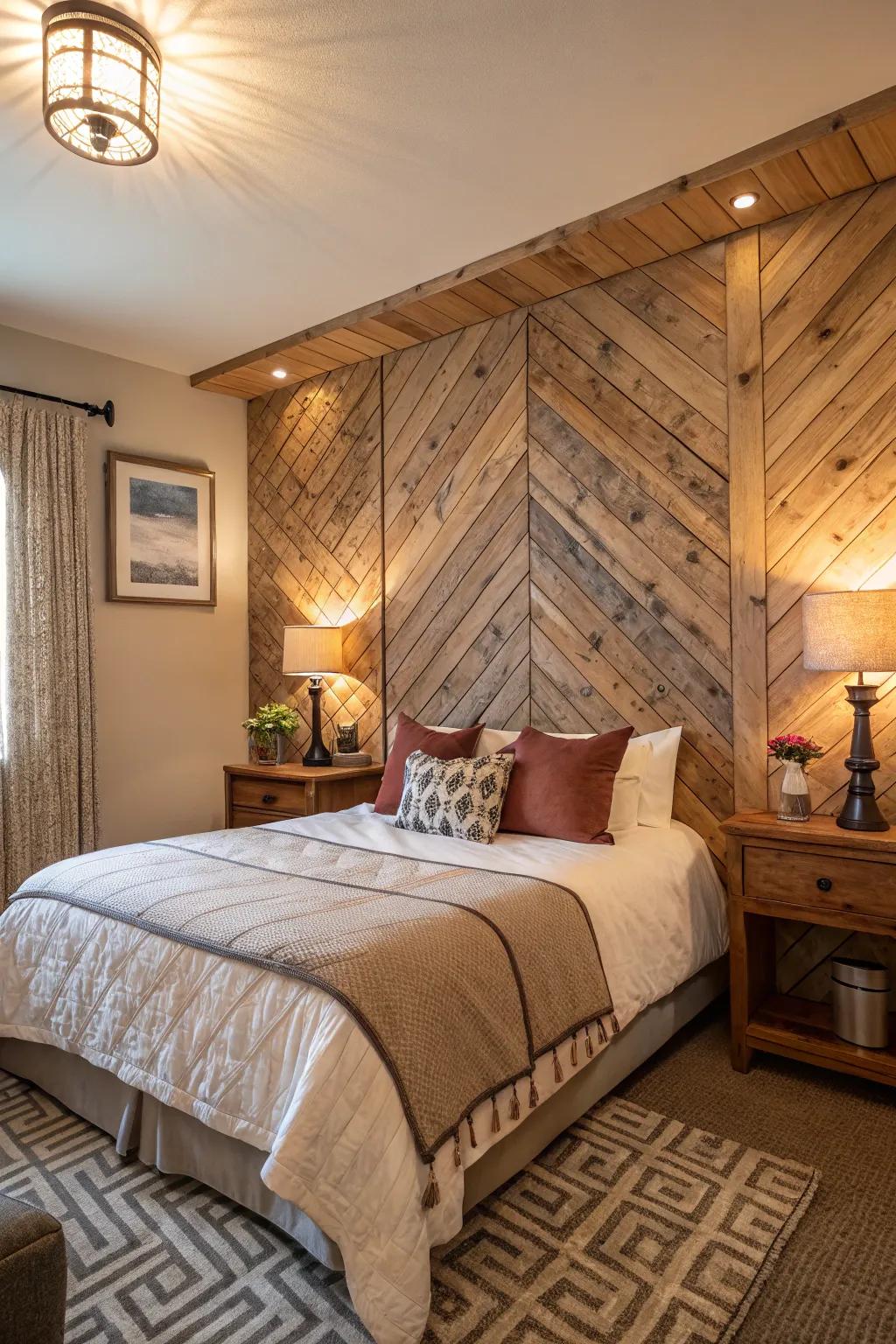 A bedroom showcasing an accent wall adorned with textured wood panels.