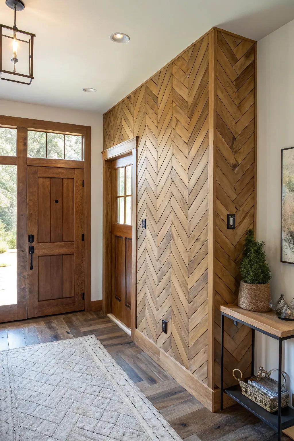 A doorway showcasing a herringbone timber wall.