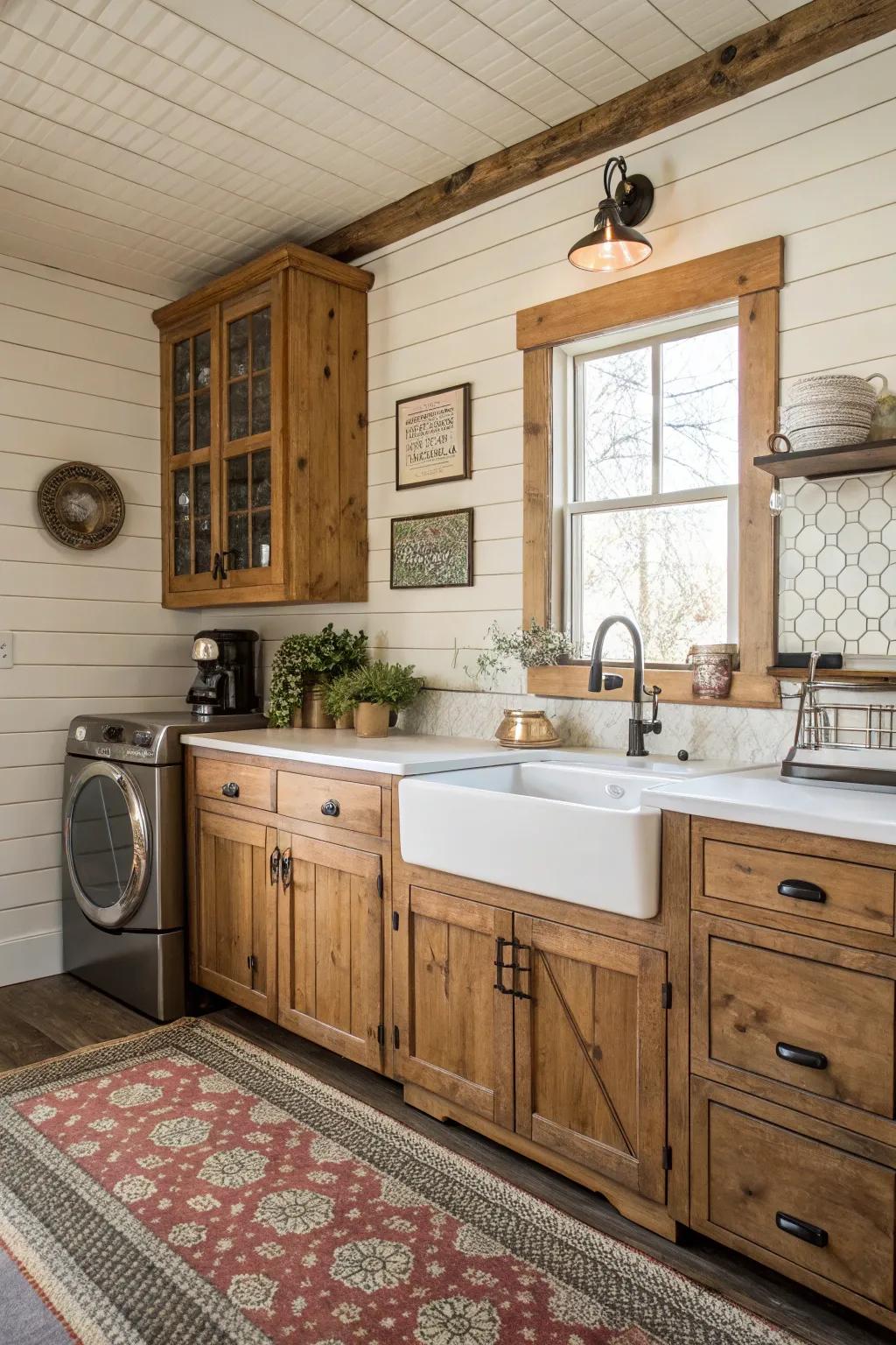 A culinary space showcasing a vintage shiplap wall.