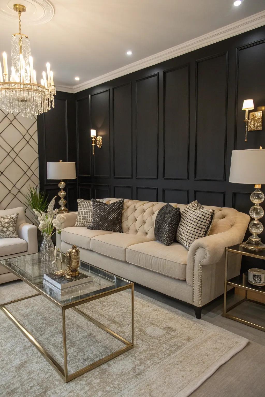 A refined lounge area showcasing a dark statement wall.