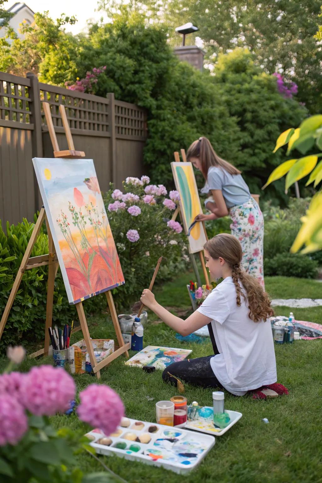 Teens expressing creativity at an outdoor painting celebration with vibrant colors.