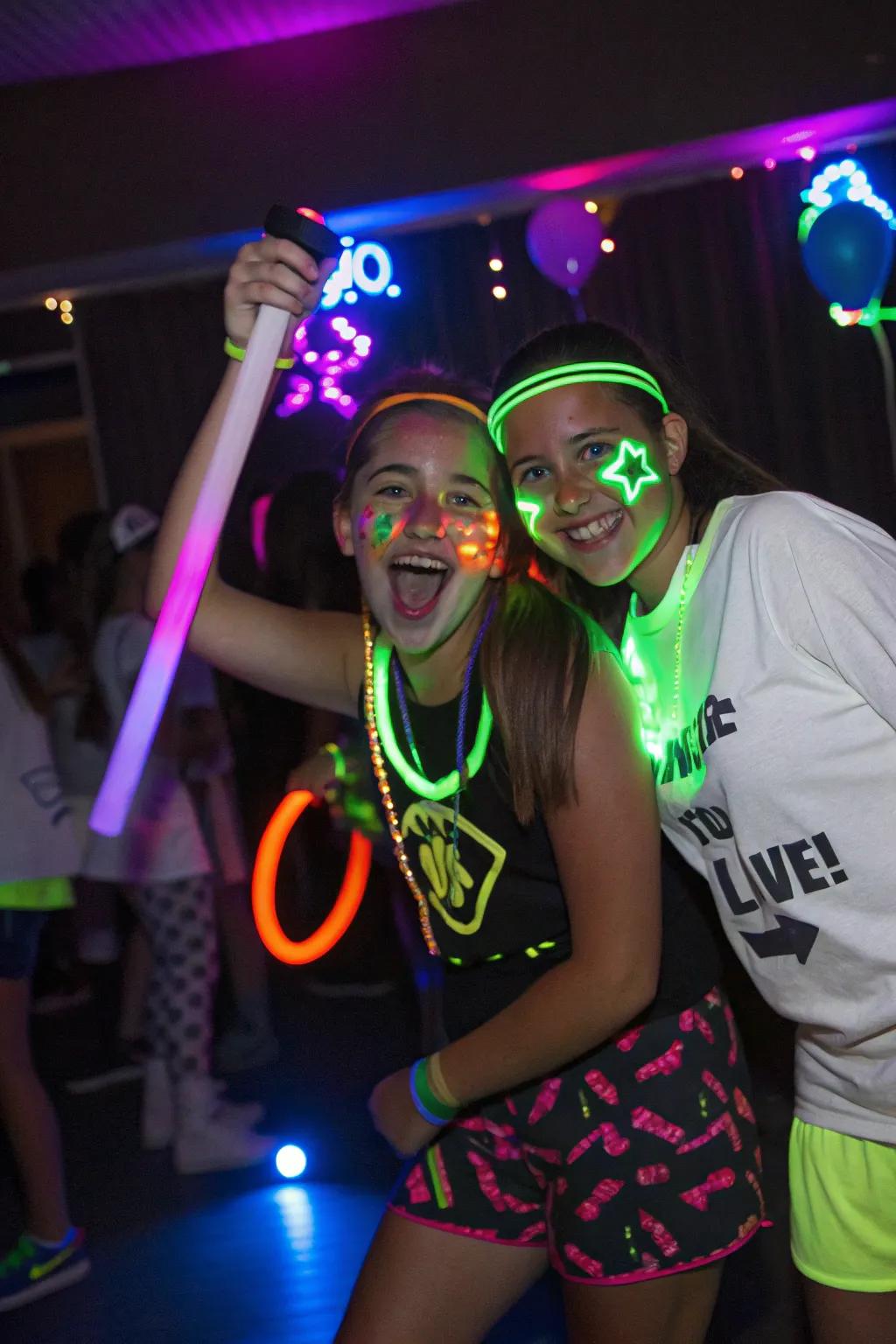 Teens enjoying a luminous party with vibrant neon lights.