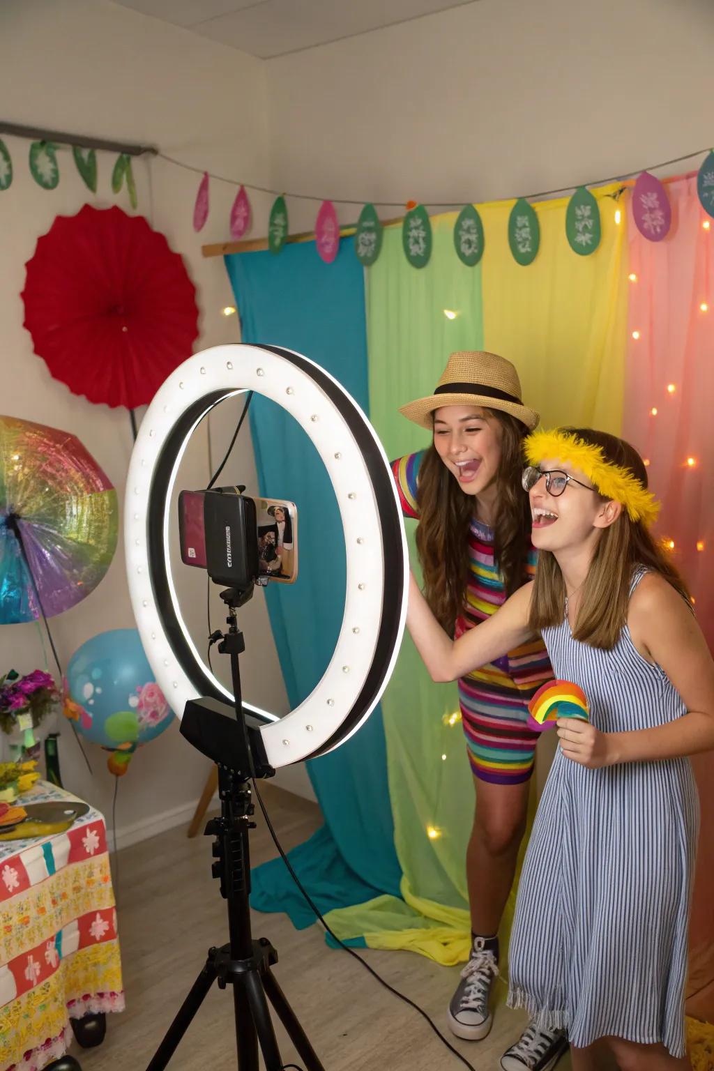 Teens having a blast in a DIY photo booth with playful props and a colorful background.