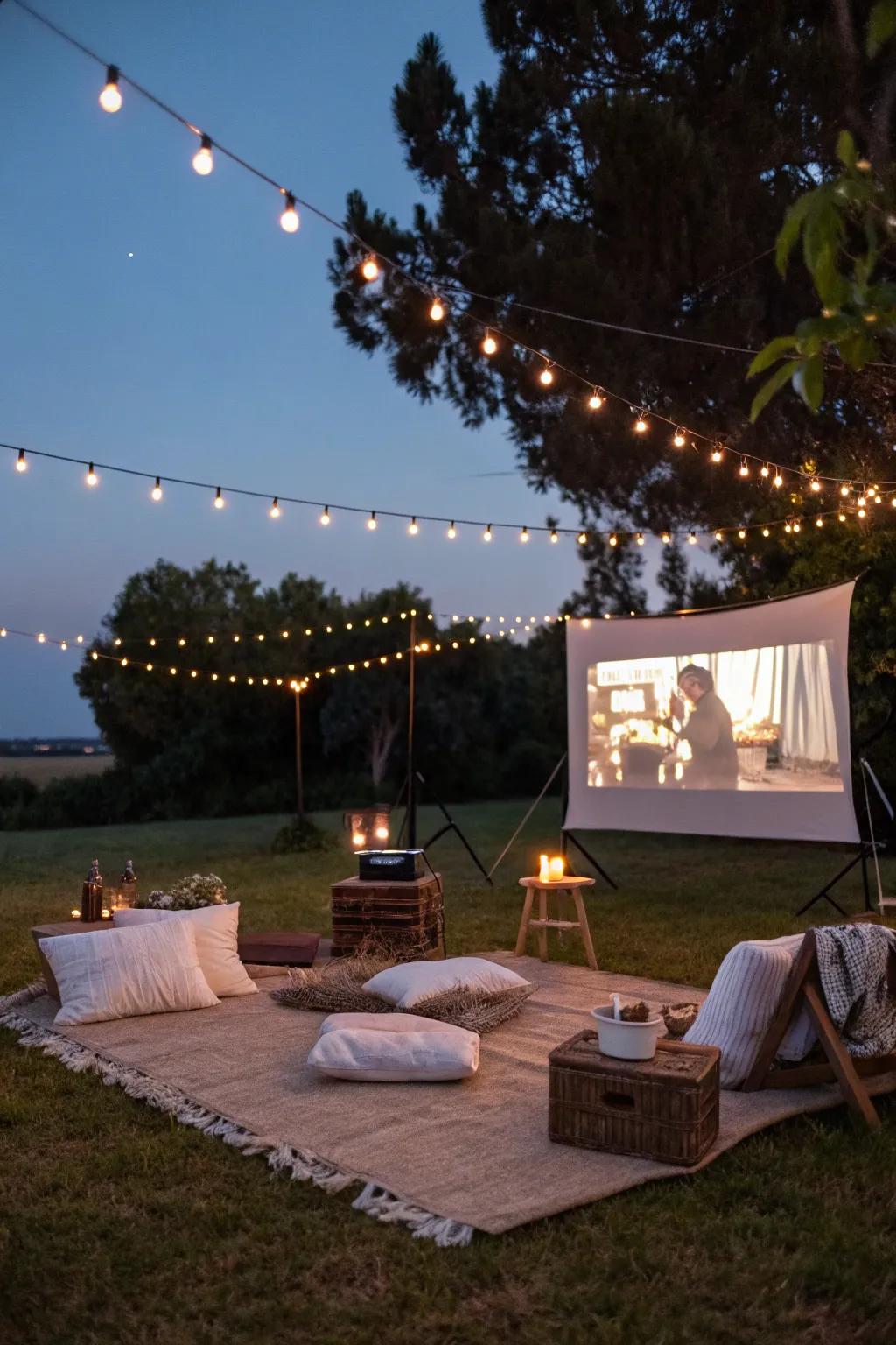 A welcoming outdoor movie arrangement with ambient string lighting and comfortable seating.