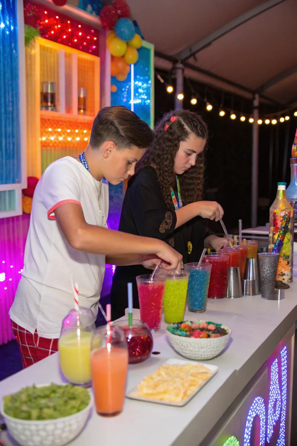 Teens enjoying a beverage mixing session with vibrant drinks.