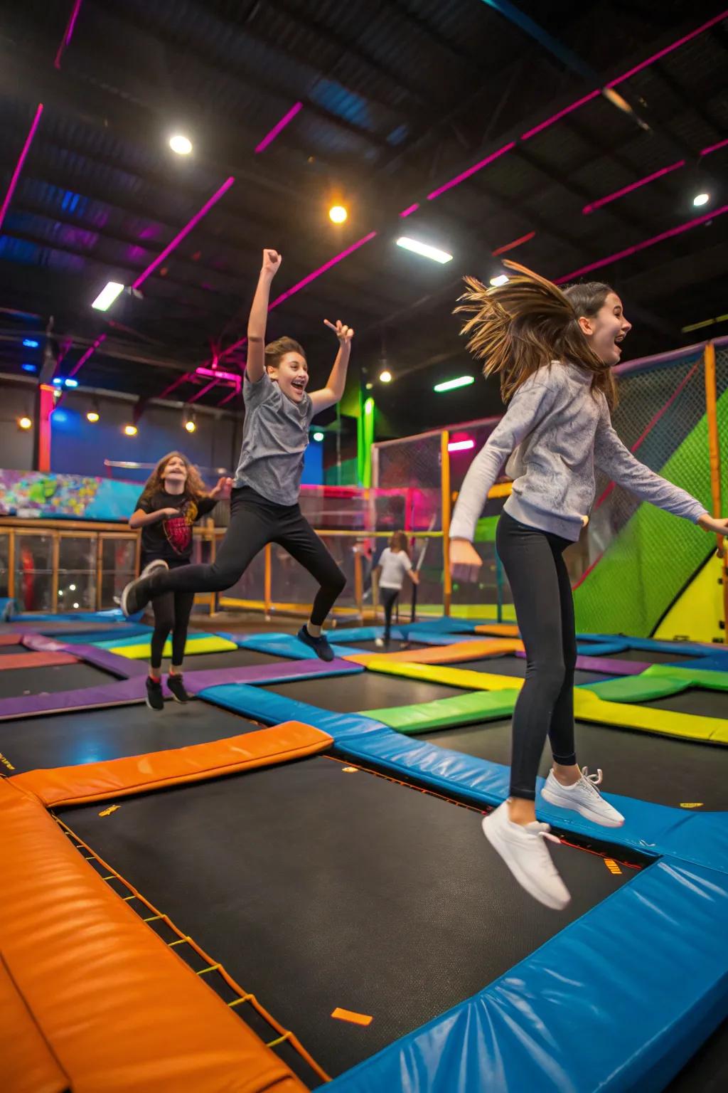 Teens enjoying a fun-filled day at a trampoline center.
