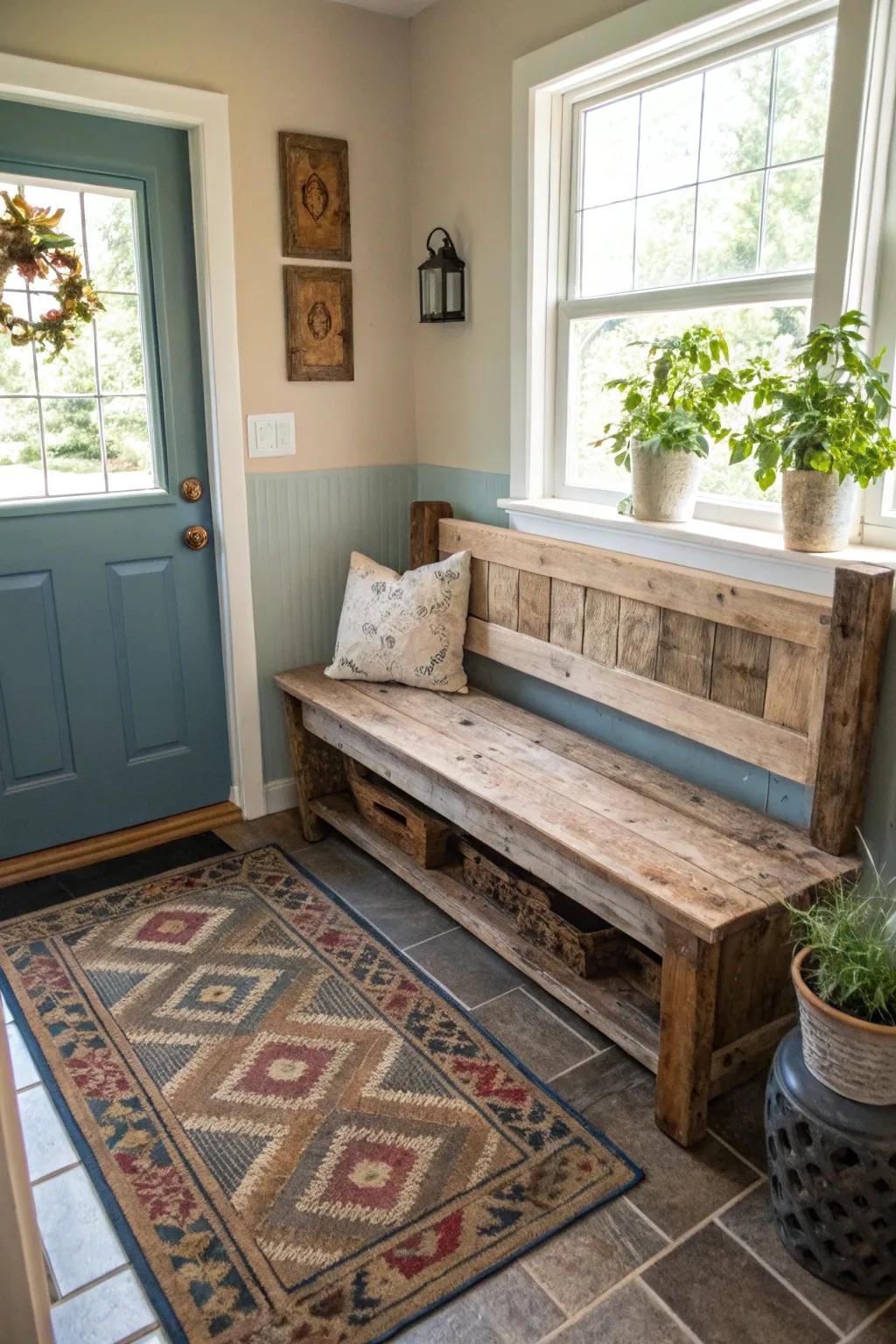 Vintage appeal showcased with a rustic, repurposed bench.