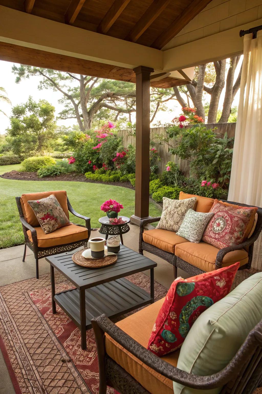 An inviting nook seating area in a backyard, decorated with vibrant cushions.