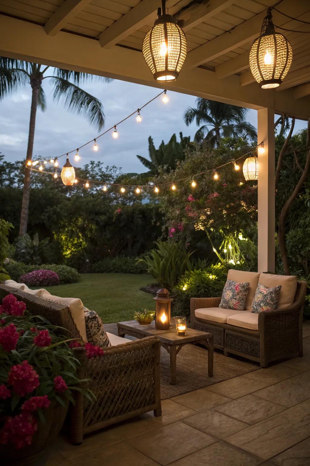 Unique lighting transforming an outdoor space into a magical retreat.
