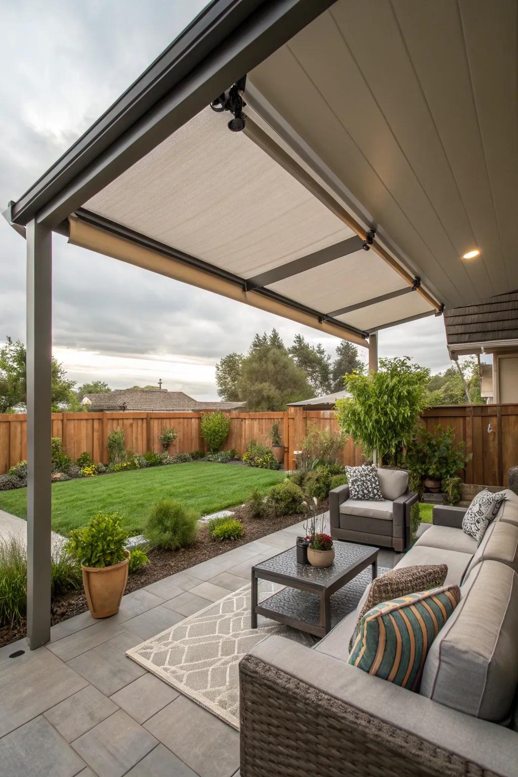 Retractable shade providing flexible sun protection in an outdoor space.