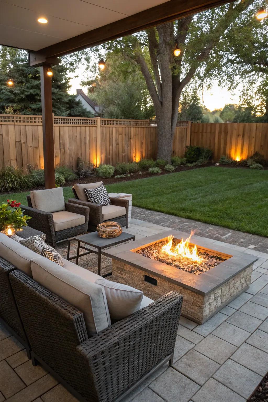 A fire area creates a warm and inviting focal point in an outdoor space.