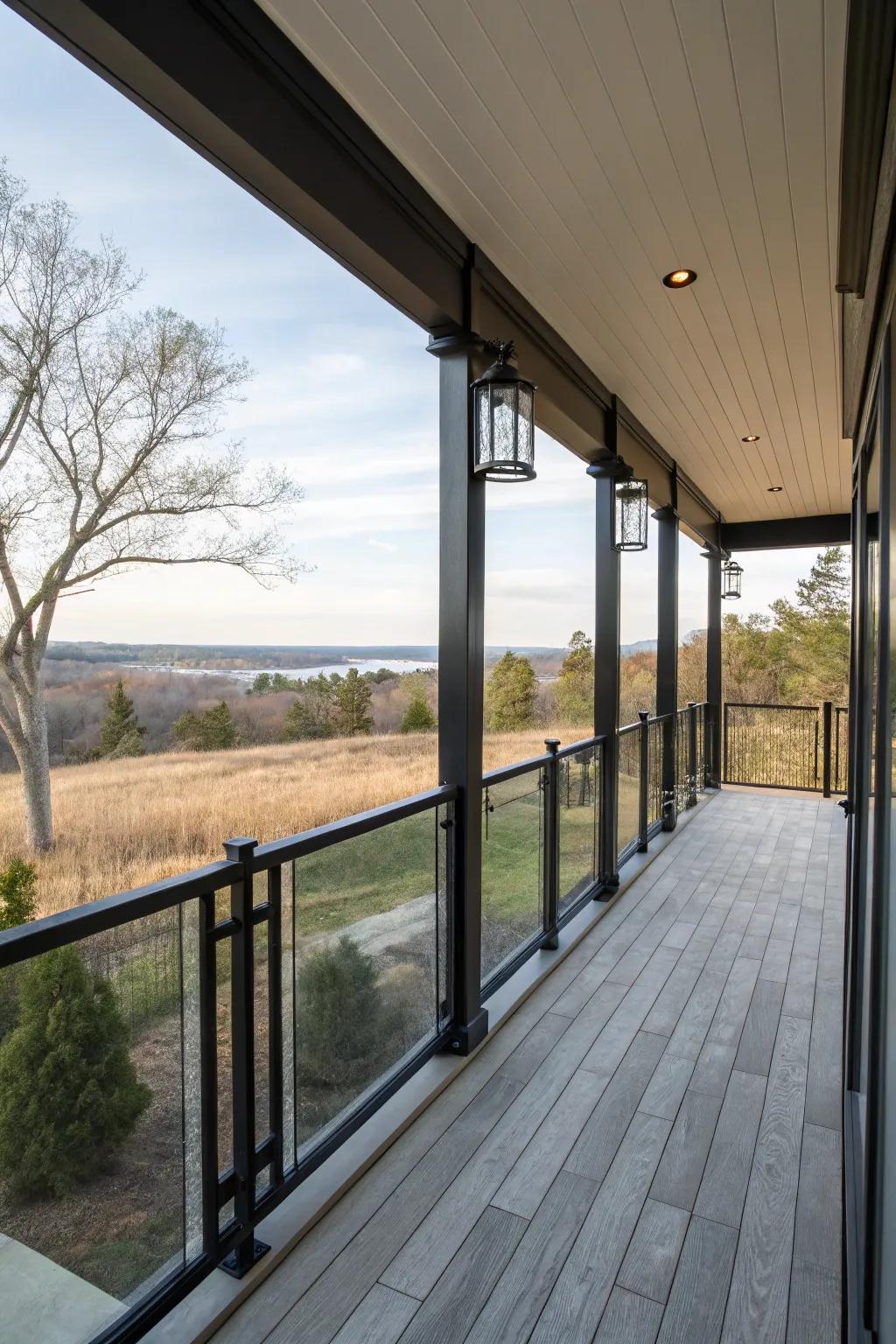 Glass panels paired with black railings offer unobstructed views and sleek style.