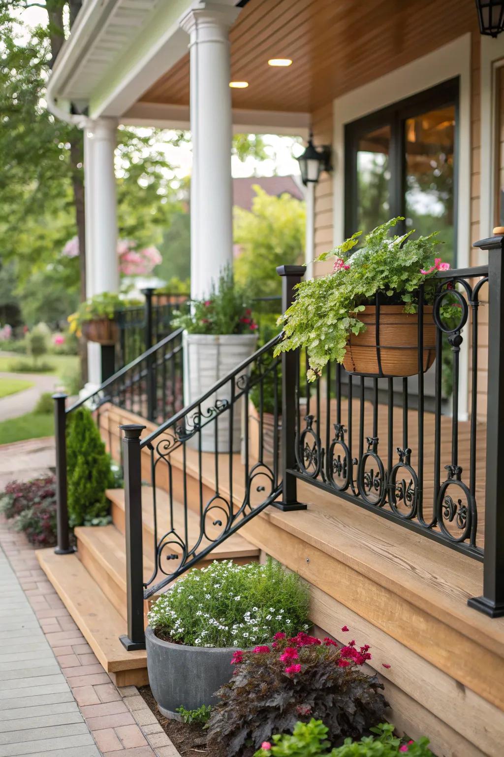 Wood paired with black metal railings creates a warm, inviting porch.