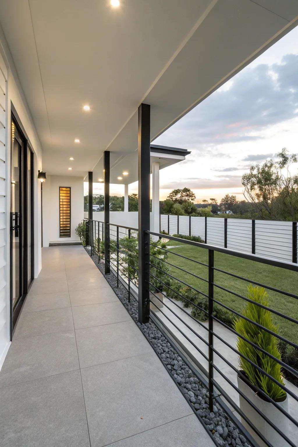 Minimalist black railings add sleek sophistication to contemporary porches.
