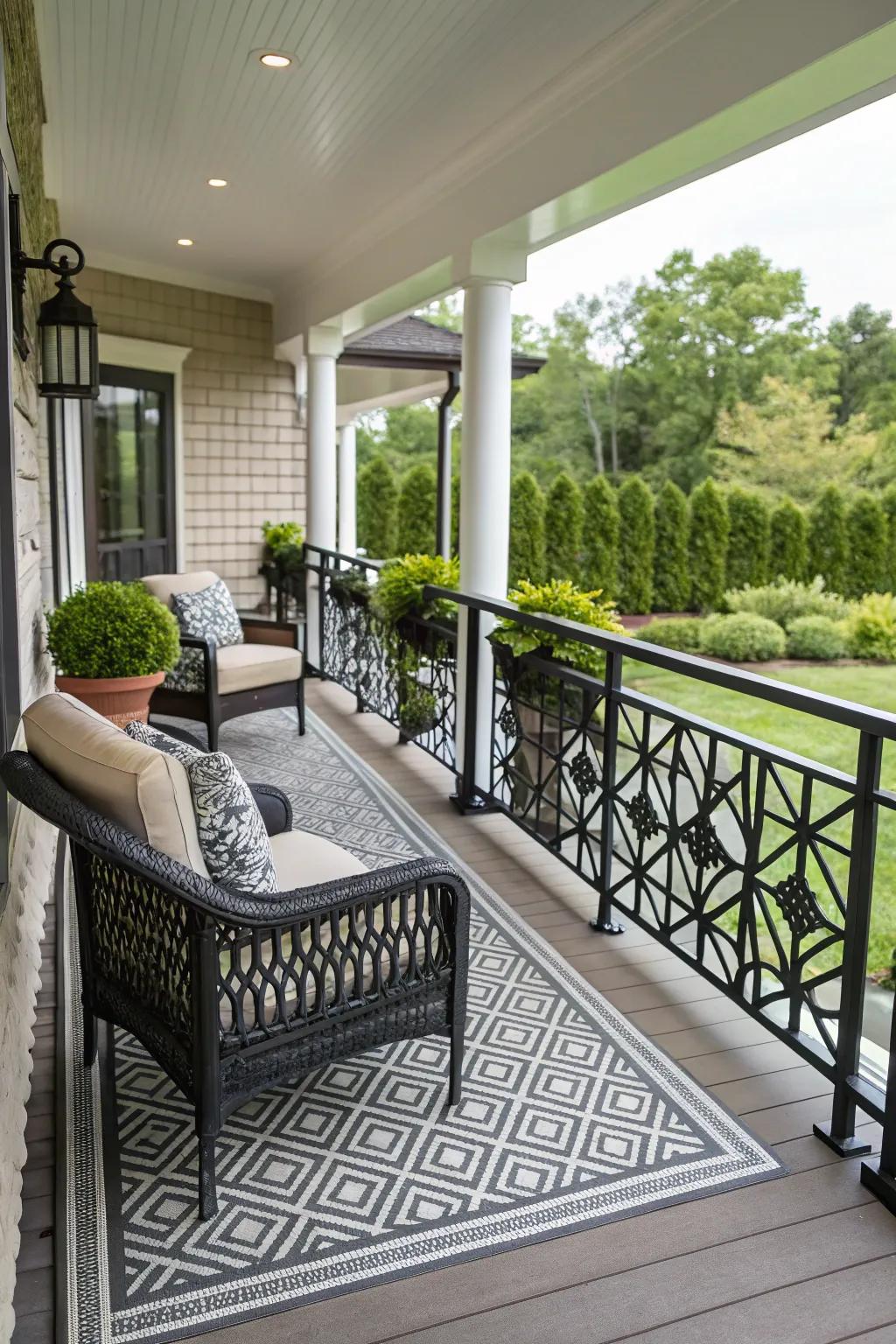 Geometric patterns in railings add a creative touch to your porch.