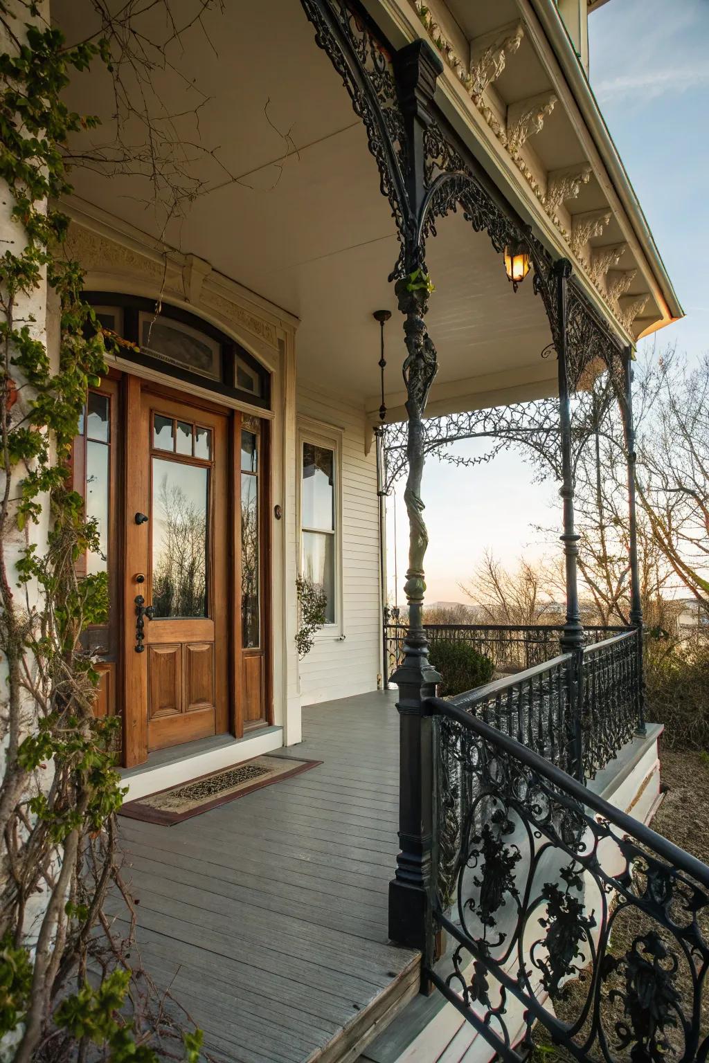 Vintage wrought iron railings bring timeless elegance to any porch.