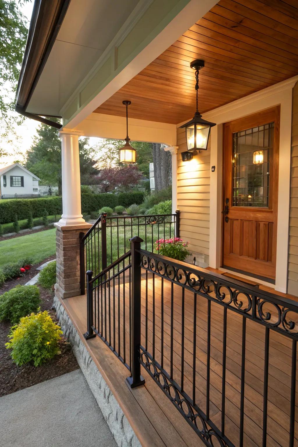 Natural wood top rails add warmth to black metal railings.
