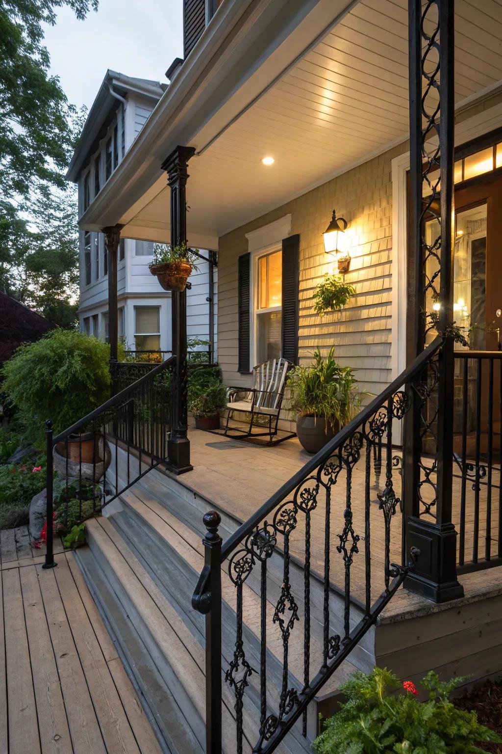 Stylish black railings provide both safety and elegance.