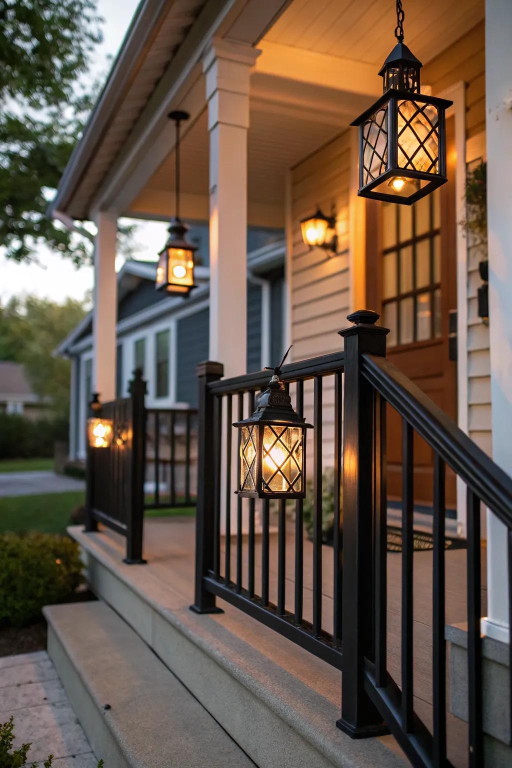 Lantern-style lighting adds charm and functionality to your porch.