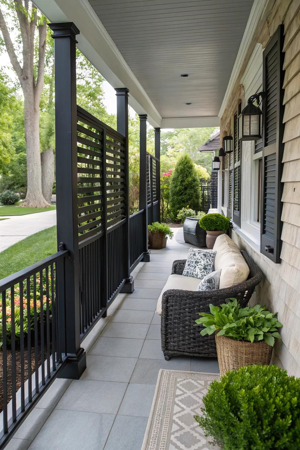 Privacy screens blend seamlessly with elegant porch railings.