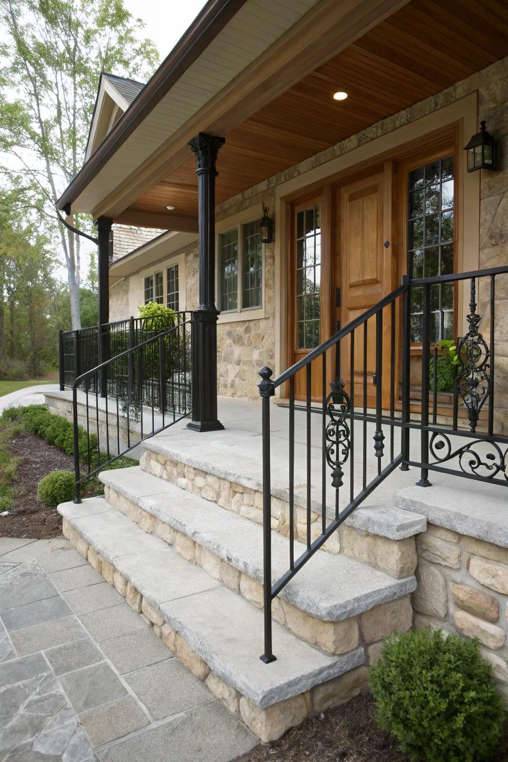 Stone and metal elements create a grounded yet stylish porch design.
