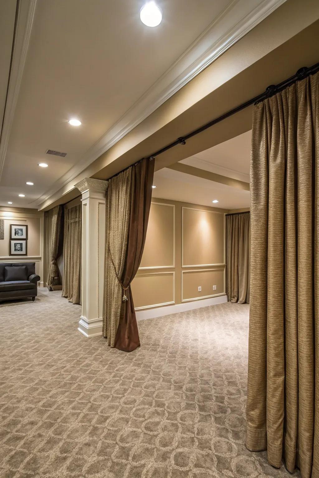 Curtains from floor to ceiling add height and elegance to the space.