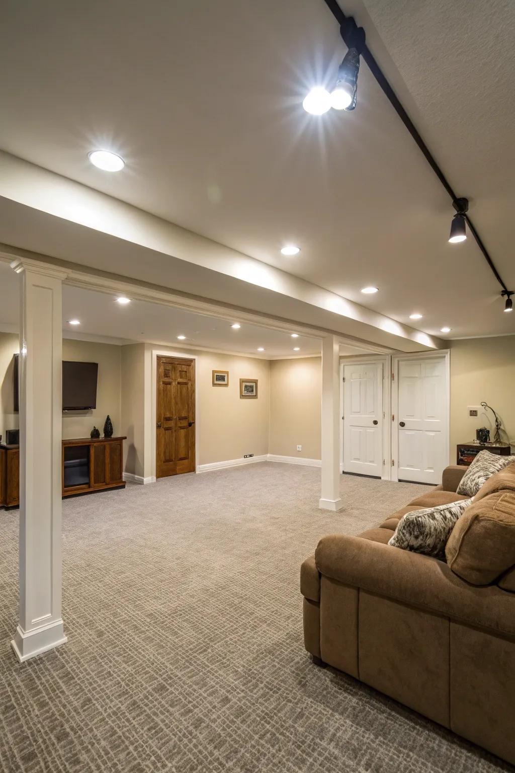 Streamlined lighting keeps the room bright without taking away from the height.