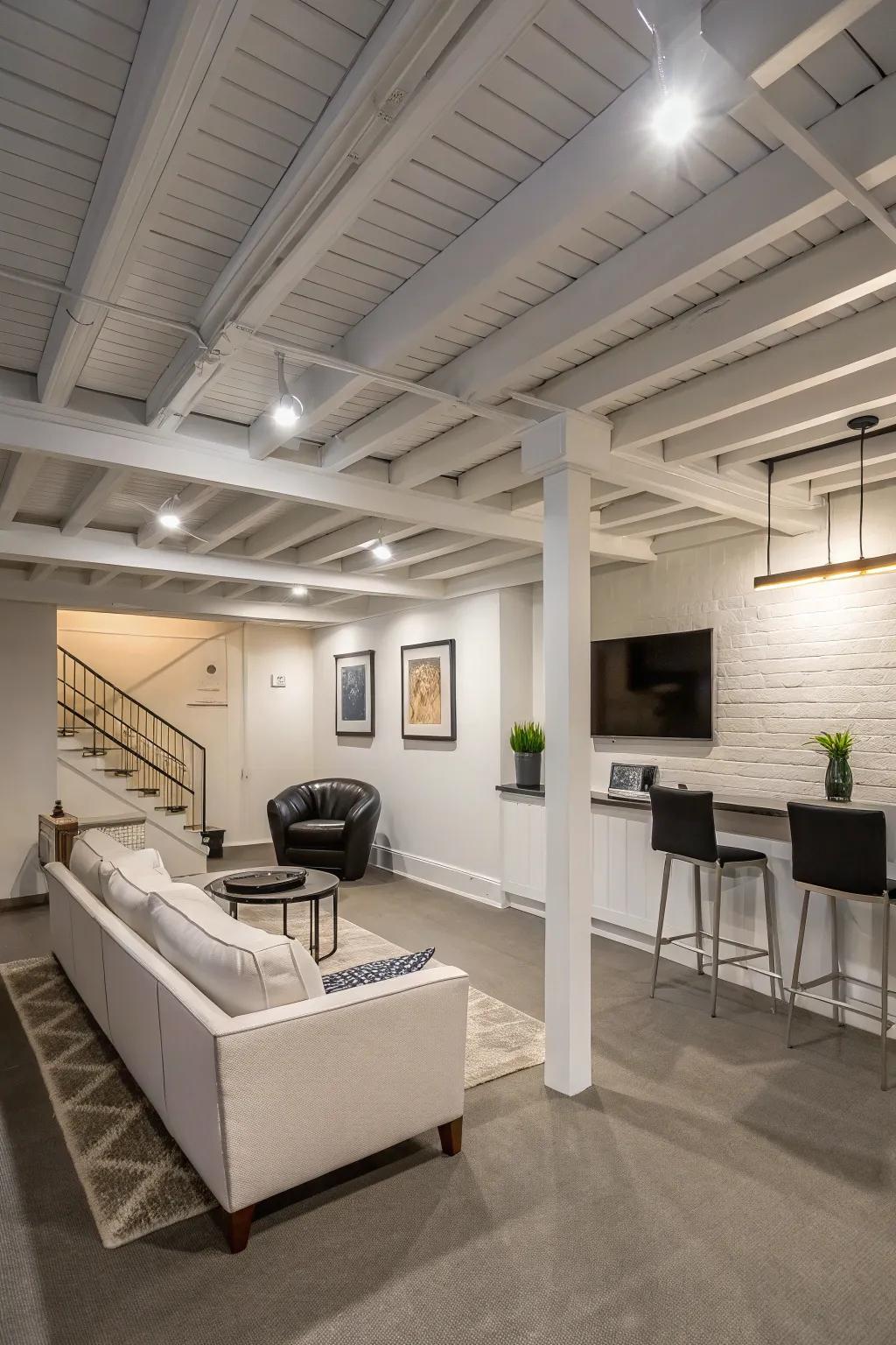 Painted beams add architectural interest and the impression of a taller ceiling.