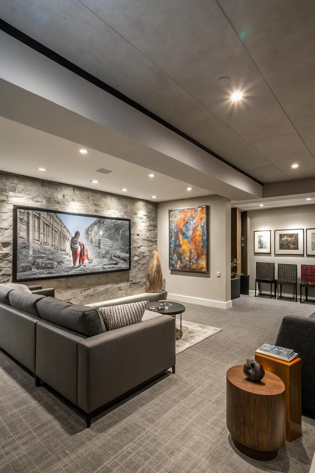 Eye-catching wall art draws attention and can make the room seem taller.