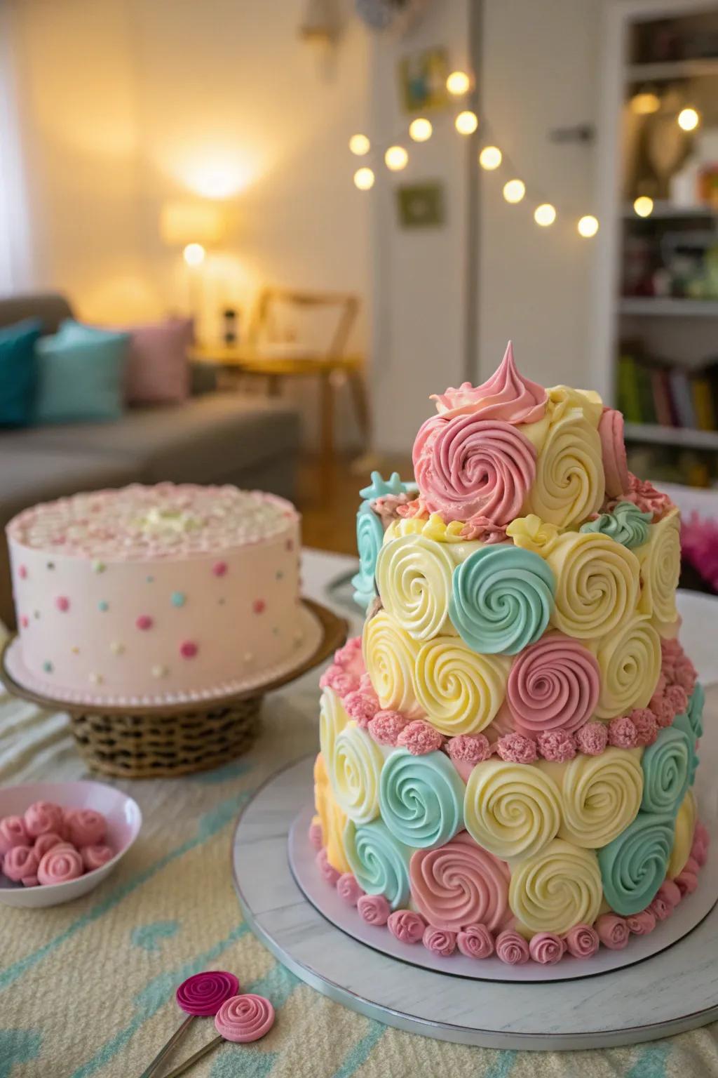 Whimsical swirls and curls for a fun sweet cream cake