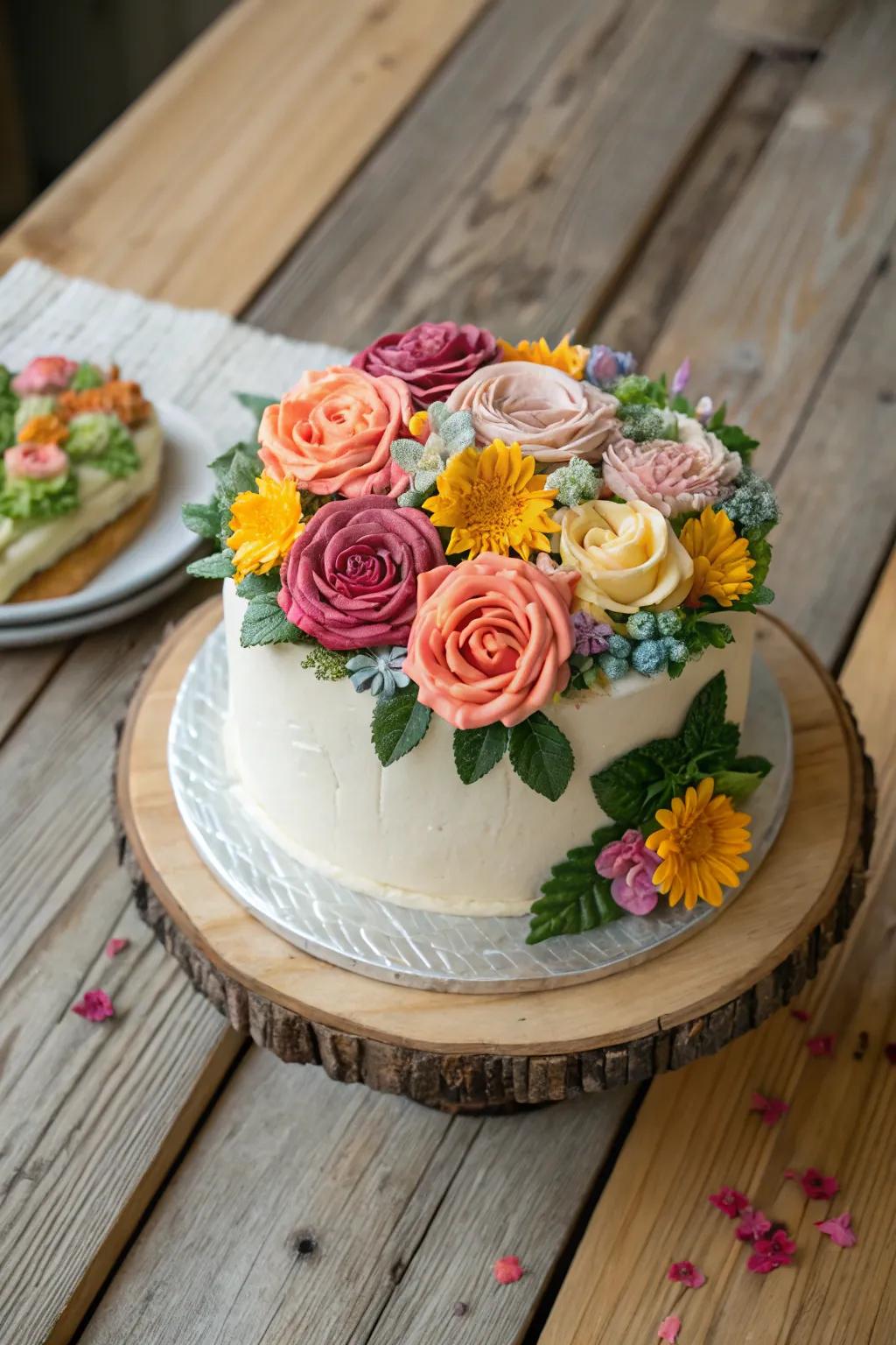 A cake turned into a flourishing garden using sweet cream flowers