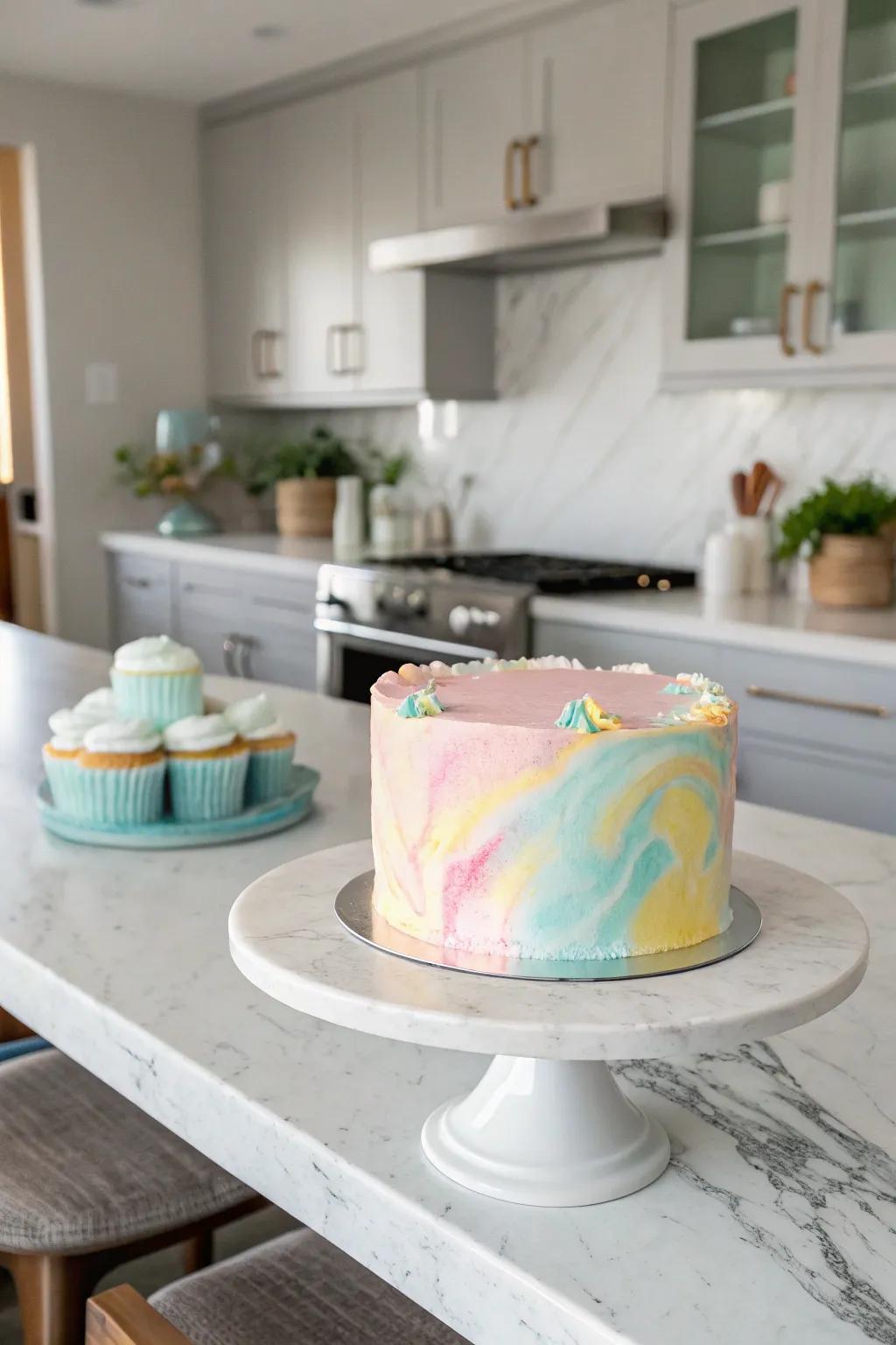 Artistic watercolor effect on a sweet cream cake