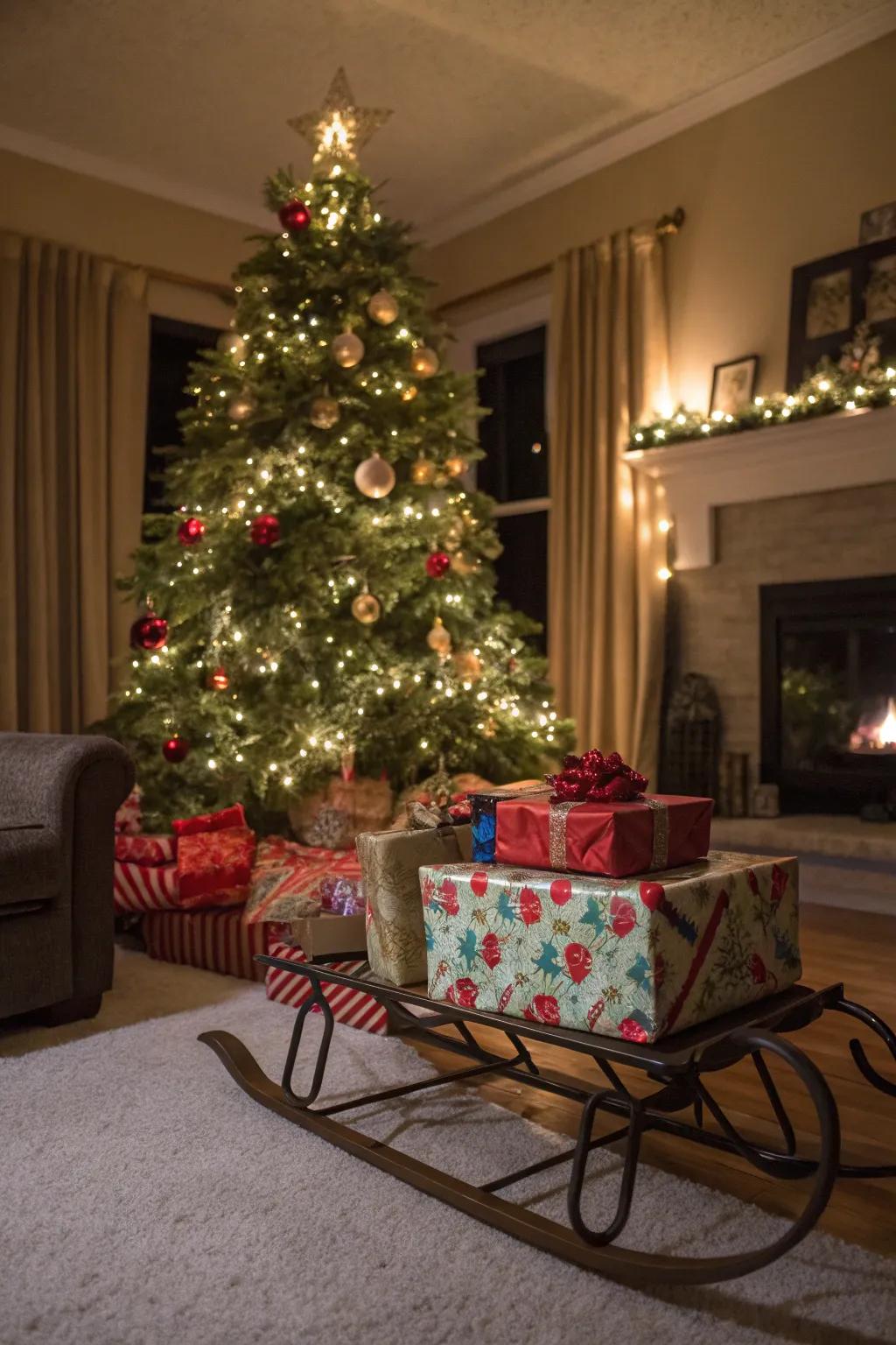 A cozy holiday scene featuring a sled and Christmas tree