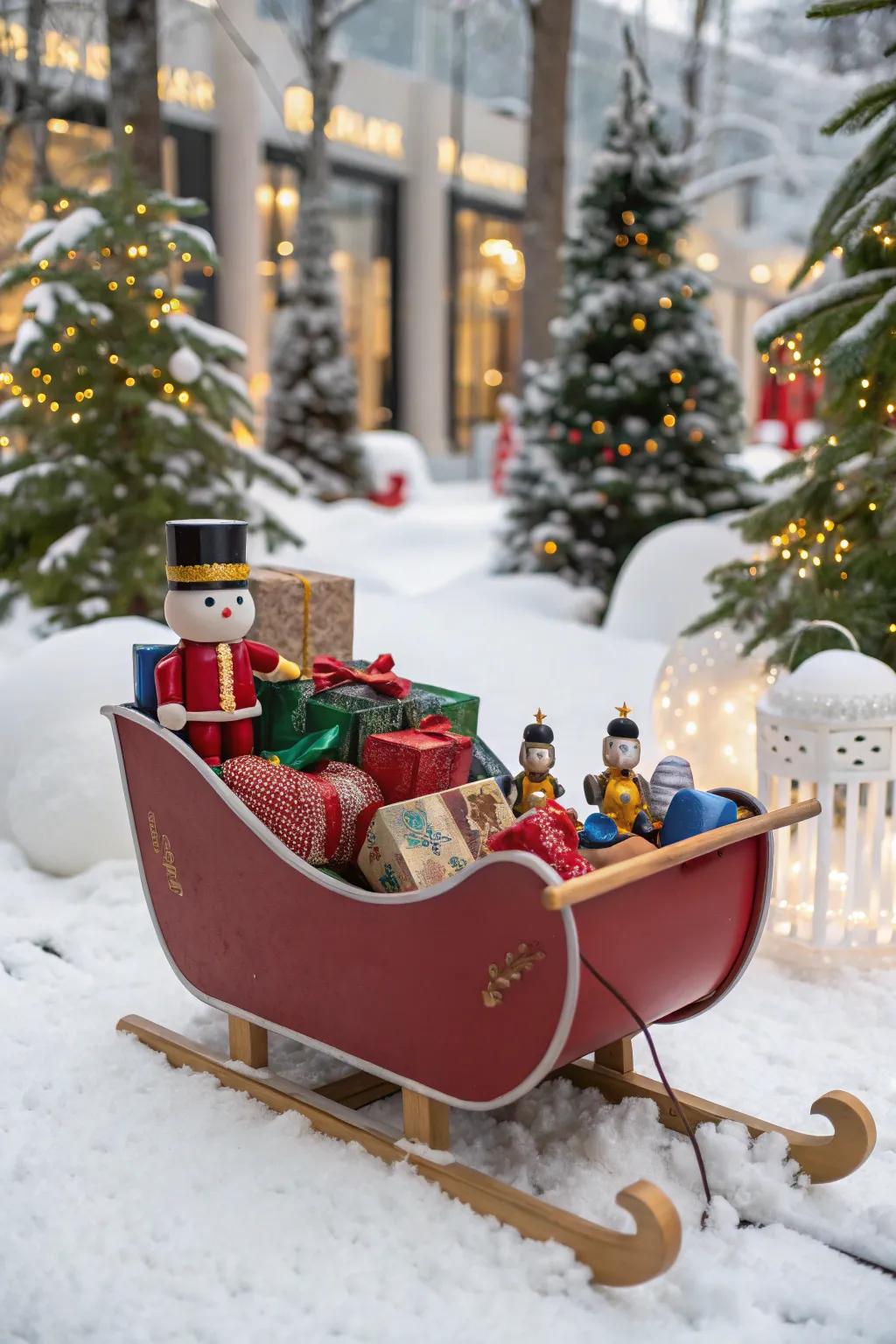 A whimsical sled featuring playful holiday toys