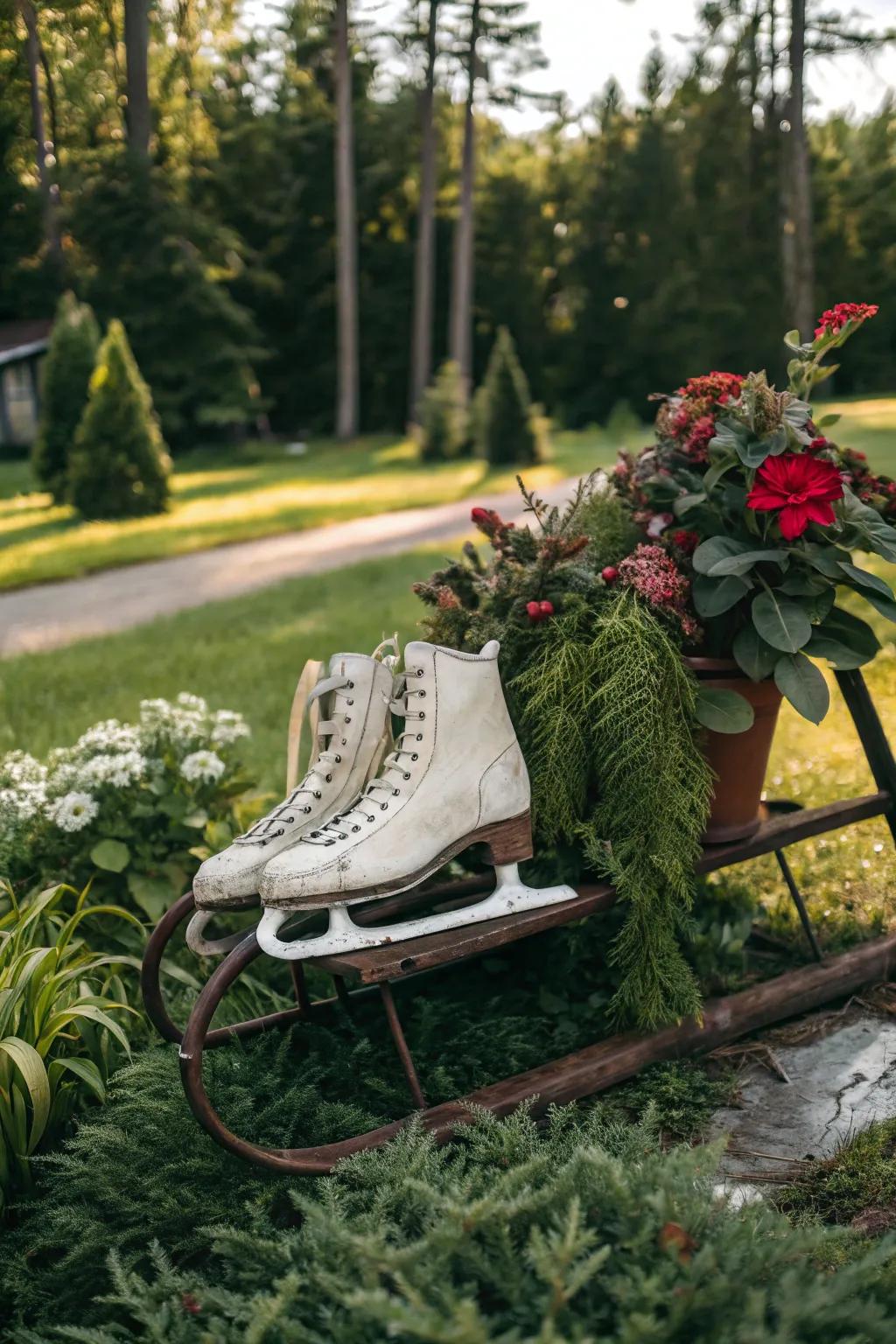 A nostalgic sled featuring vintage ice skates