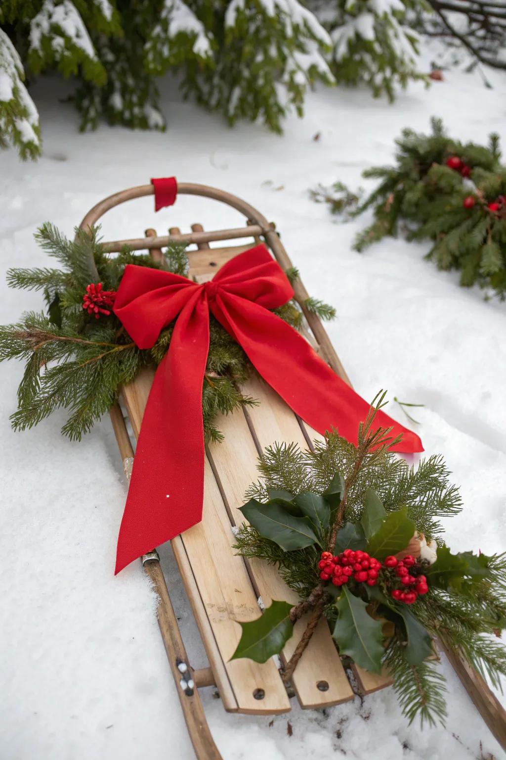 A festive sled featuring a vibrant red bow