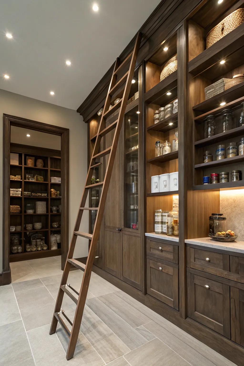 A library ladder incorporates elegance and accessibility to your pantry.