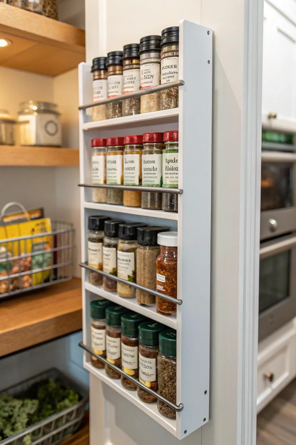 An upright spice rack retains all your spices within easy reach.